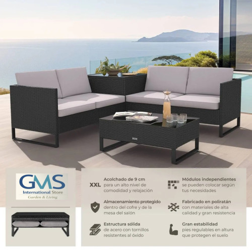 Rattan set for 4 people, with storage box 3 colors Garden