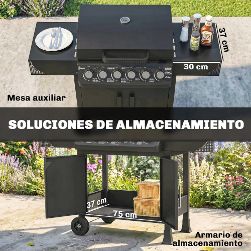 Gas Barbecue with 6 Burners, 15 kW, Thermometer, Grill, Side