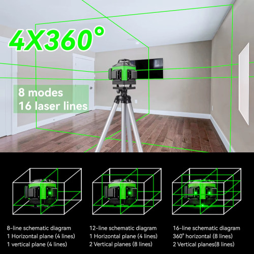 4D Laser Level with 16/12 Lines, Green Line, Self-Leveling
